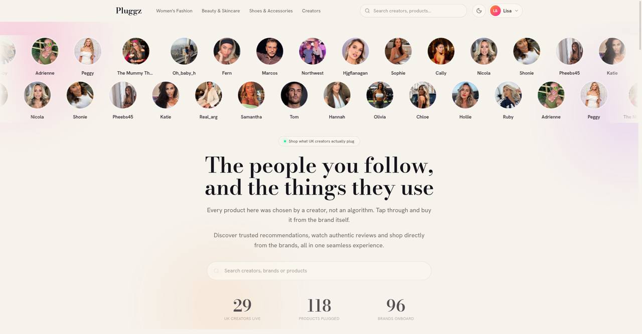Pluggz creator shopping platform homepage, engineered and launched with HealOra